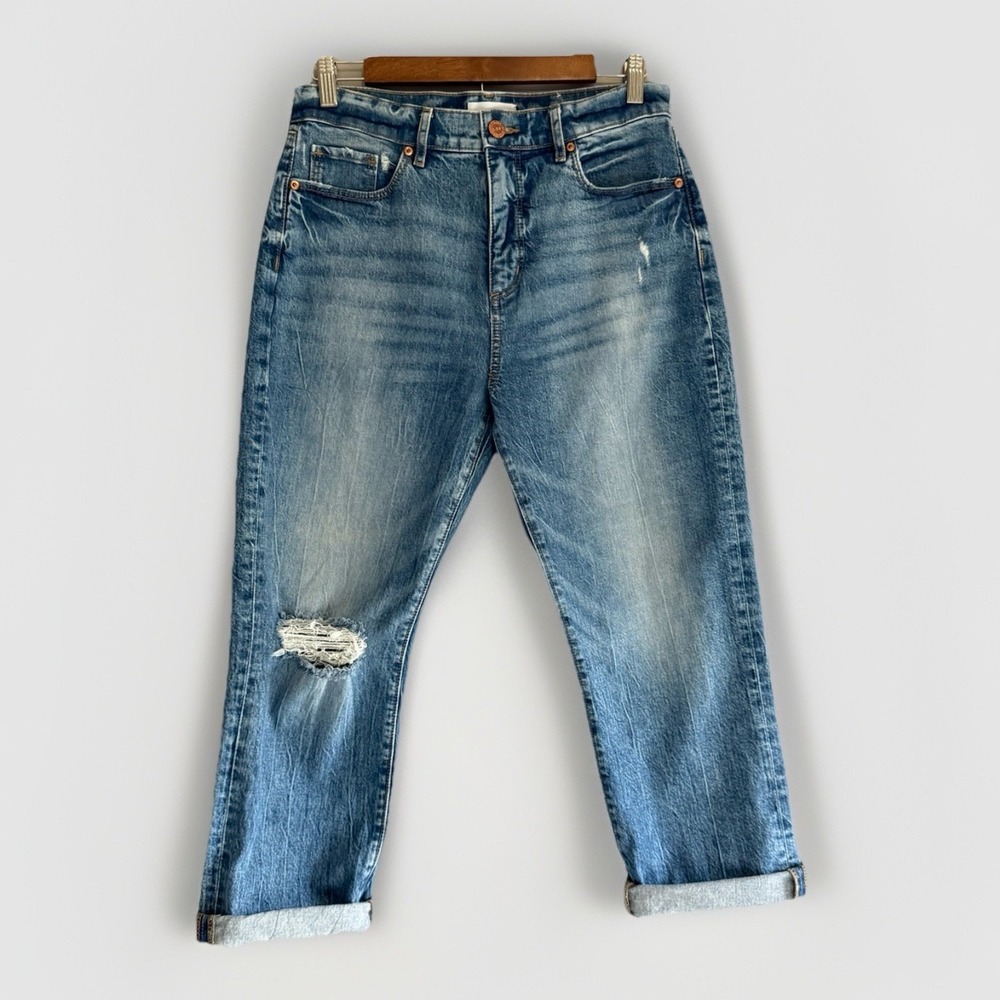 Loft High Rise Straight Crop Jeans Stretch Blue Denim Cuffed Distressed Sz 8/29‎